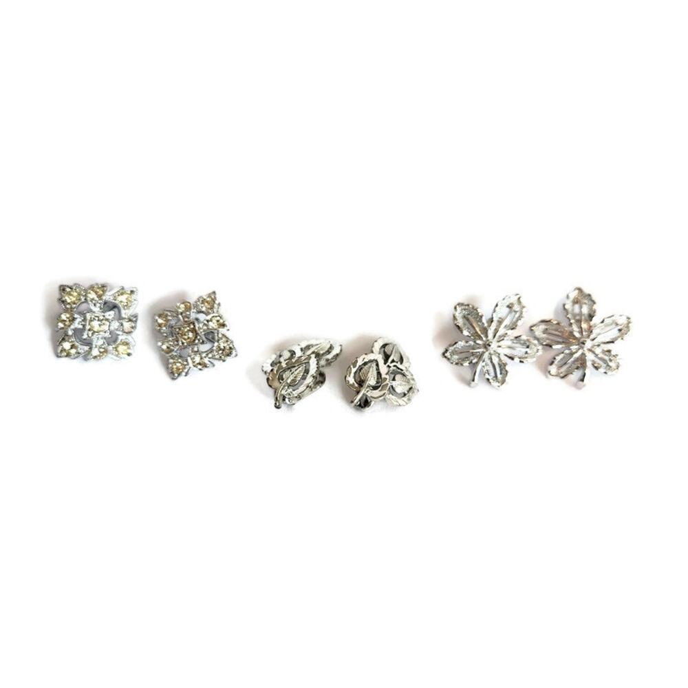Lot of 3-Pairs of Women's Clip On Holiday Christmas Silver Tone Crystal Earrings